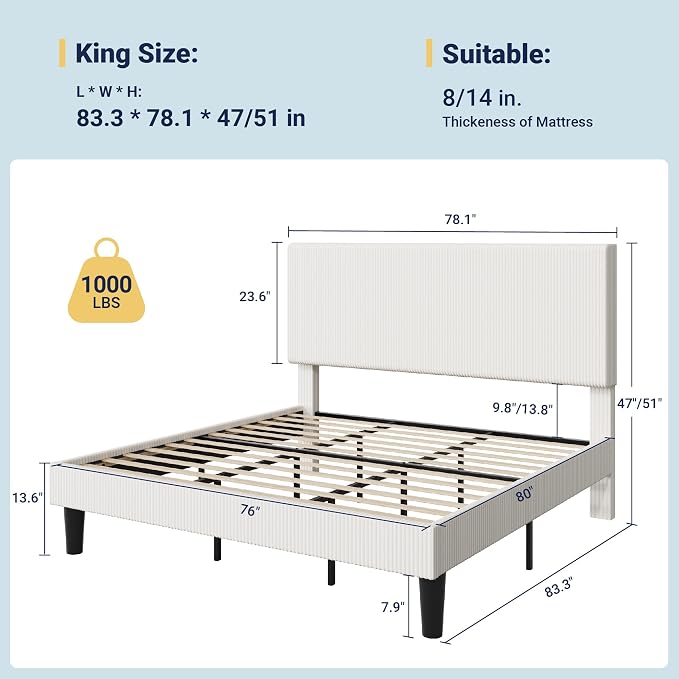 Allewie King Size Upholstered Bed Frame with Vertical Channel Tufted Headboard, Soft Corduroy Fabric Platform Bed, Strong Wooden Slats Support, Easy Assembly, No Box Spring Needed, White