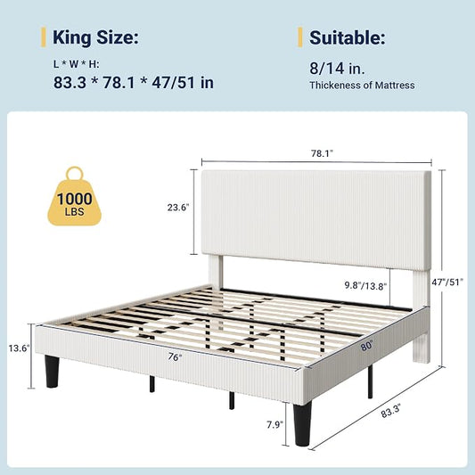 Allewie King Size Upholstered Bed Frame with Vertical Channel Tufted Headboard, Soft Corduroy Fabric Platform Bed, Strong Wooden Slats Support, Easy Assembly, No Box Spring Needed, White
