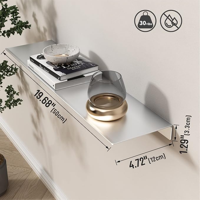 Danpoo 20 inch Metal Floating Shelves for Wall Organizer & Storage, Display Shelves for Bathroom, Living Room, Kitchen, Bedroom(Silver, 2-Pack)