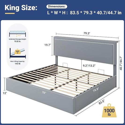 Allewie King Size Lift Up Storage Bed Frame with Charging Station & LED Lights, Adjustable Velvet Upholstered Storage Headboard, Type-C & USB Ports, Hydraulic Support, No Box Spring Needed, Grey