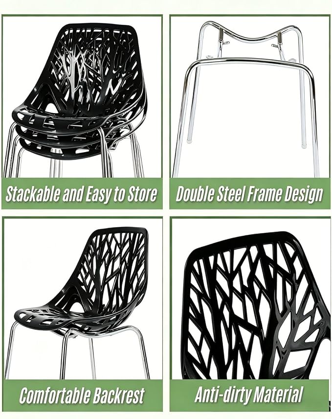 Karl home Stackable Dining Chairs Set of 4, 3-Step Assembly, 350LBS, Black | Bird's nest trunk pattern, robust metal frame, 350lbs capacity, plastic construction, for kitchen/dining/bedroom/living room