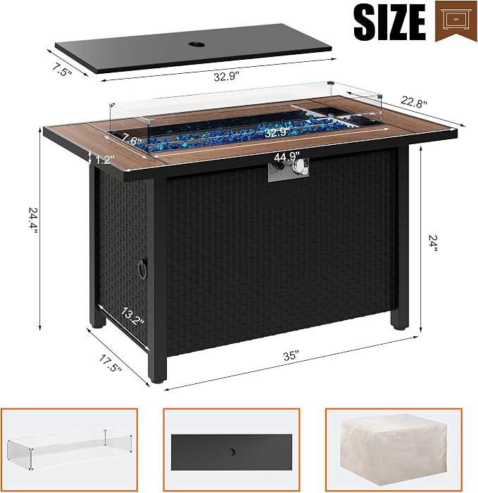 45 inch Propane Fire Pit Table, 50,000 BTU Outdoor Gas Fire Pit Table with Lid, Glass Wind Guard, Waterproof Cover, Rectangle Gas Firepit Table for Garden/Patio(Walunt)