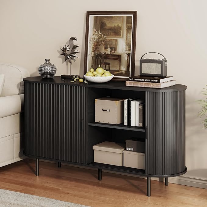 Buffet Sideboard Cabinet with Storage, 55" Fluted Cabinet with Sliding Door & Adjustable Shelf, Modern Accent Coffee Bar Console Table for Kitchen, Entryway, Black