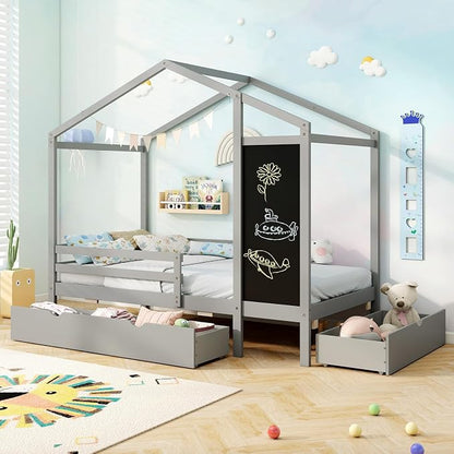 Giantex Twin Bed with 2 Storage Drawers, Solid Wood House Bed with Blackboard & Safety Guardrails, Twin House Bed w/Slats Support, No Box Spring Needed, Twin Bed Frames for Kids Girls Boys (Grey)