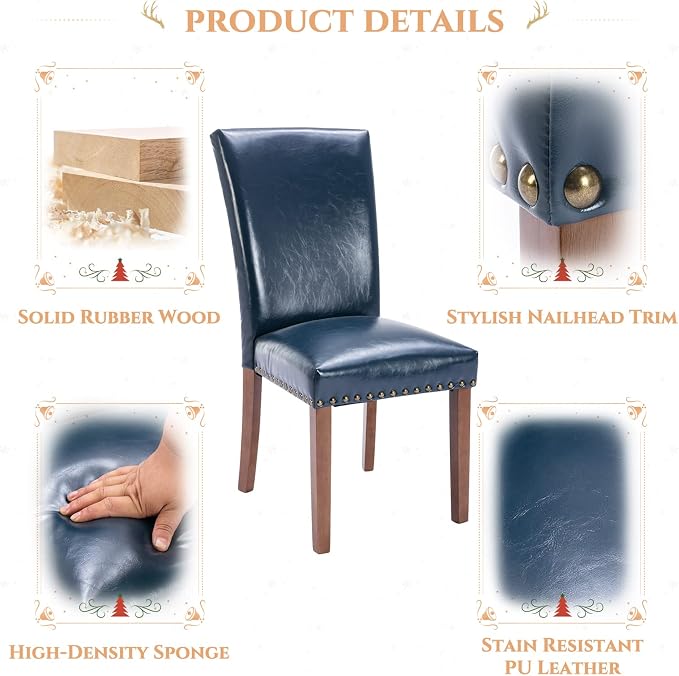 Parsons Dining Chairs Set of 4, Upholstered Nailhead PU Leather Dining Room Kitchen Side Chair with Thick Cushions and Wood Legs, Blue