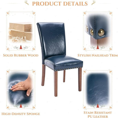 Parsons Dining Chairs Set of 4, Upholstered Nailhead PU Leather Dining Room Kitchen Side Chair with Thick Cushions and Wood Legs, Blue