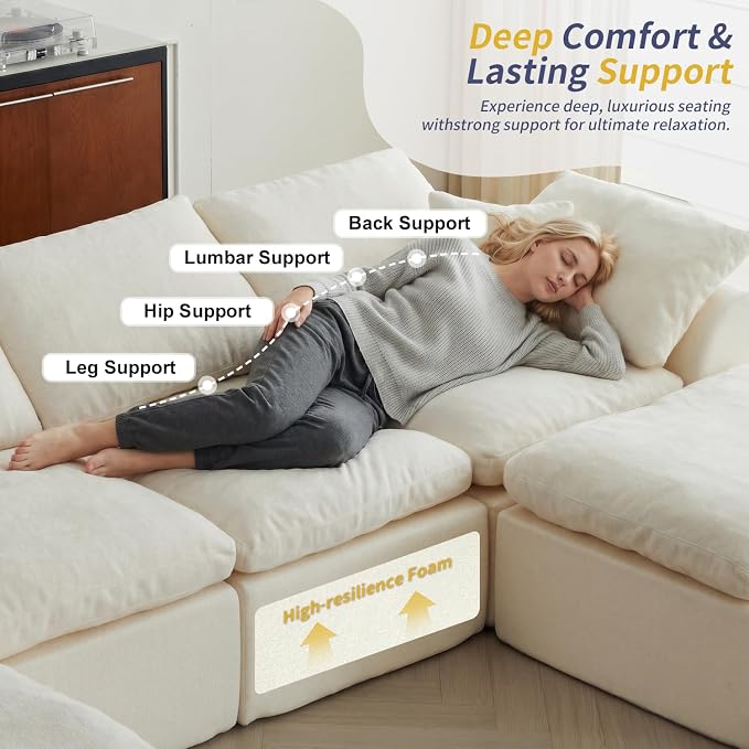 138" Boneless Cloud Couch Sectional for Living Room, Oversized Modular U Shaped Sofa with Double Chaise, Deep Seat Chenille Sectional Couch for Cloud-Like Comfort(U-Shaped Beige)