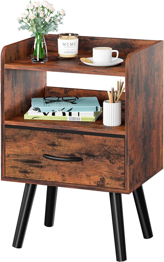 Yoobure Night Stand with Fabric Drawer, Modern Nightstand, Bedside Tables, Mid Century Nightstands with Open Storage Shelf, Wood Bedside Table, Small Night Stands for Bedrooms, 2-Tier Night Table