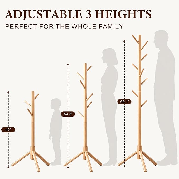 Wooden Coat Rack Freestanding with 8 Hooks & 3 Adjustable Sizes for Clothes, Space-Saving Design for Bedroom Office Entrance Holds Hats Coats Scarves Bags