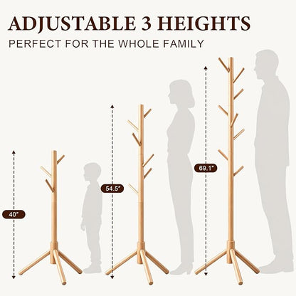Wooden Coat Rack Freestanding with 8 Hooks & 3 Adjustable Sizes for Clothes, Space-Saving Design for Bedroom Office Entrance Holds Hats Coats Scarves Bags