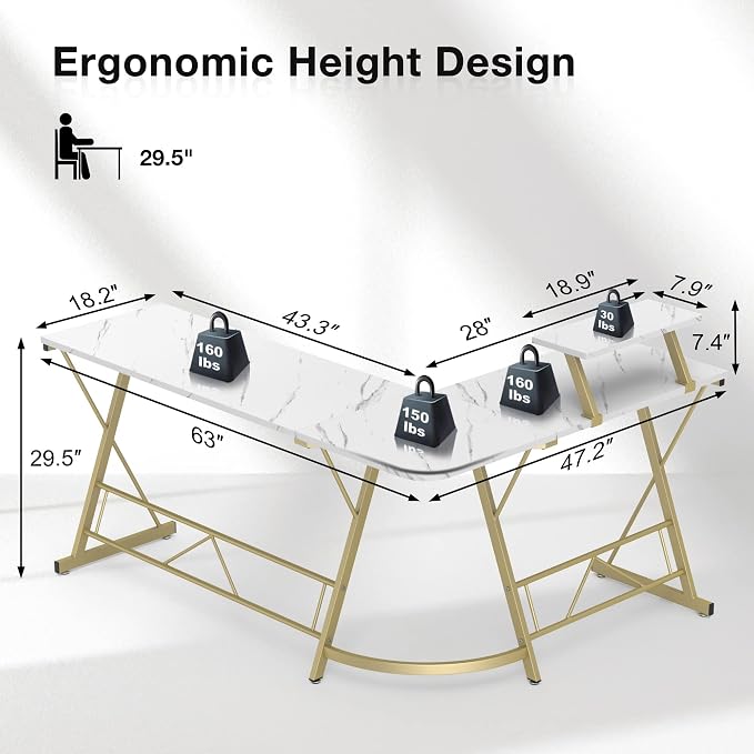 Mr IRONSTONE 63" L Shaped Gaming Desk, Corner Computer Desk, Home Office Writing Desk with Sturdy Monitor Shelf, Spacious L Shaped Desk Workstation, Easy to Assemble, Laminate Marble