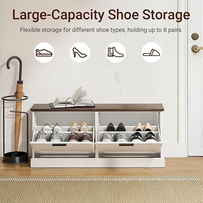SoBuy Narrow Shoe Bench with Flip Drawers - Slim White Entryway Shoe Storage Bench for Small Spaces, Modern Shoe Cabinet Organizer for Hallway or Foyer, Compact Wooden Shoe Rack, FSR217-WN