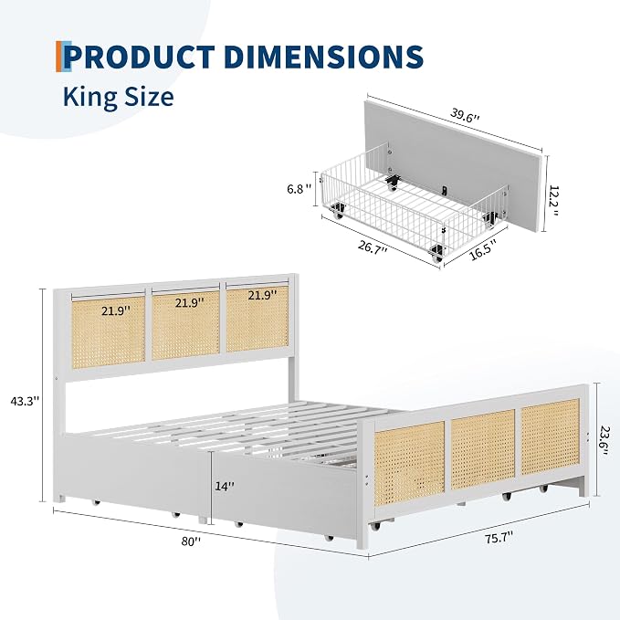 Garvee Rattan King Bed Frame with LED Headboard (7 Colors), Boho Cane Platform Bed with 4 Large Drawers, Strong Metal Slats Support, Noise Free, No Box Spring Needed, Easy Assembly, White