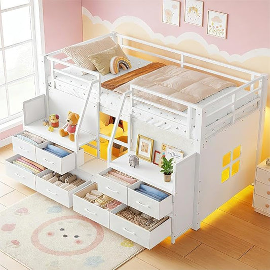 Bellemave Low Loft Bed Twin Size with Storage Shelves & Fabric Drawers, Metal Twin Loft Bed for Kids with LED Lights & Under-Bed Play Area, Low Loft Bed Frame for Bedroom, No Box Spring Needed, White