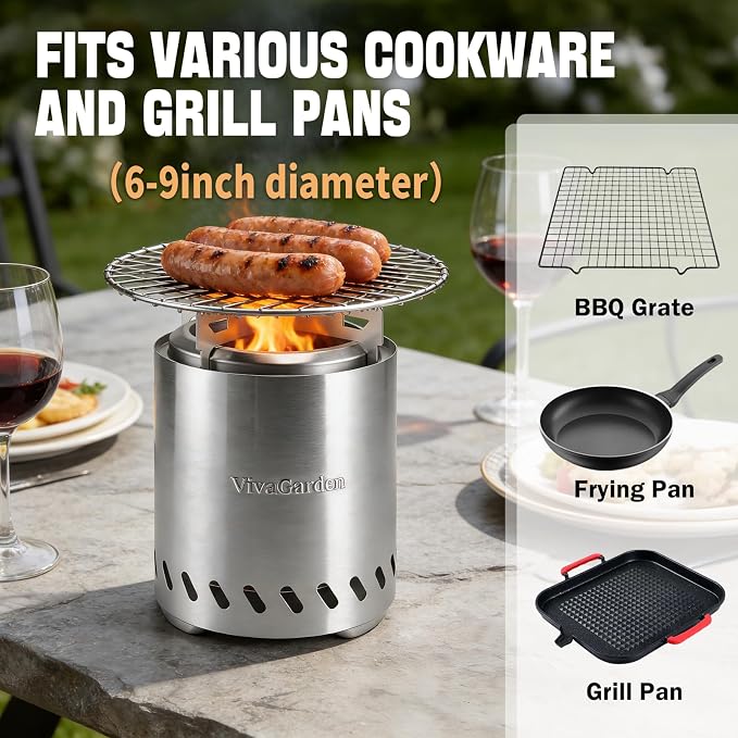 9.7 x 7.1 inch Tabletop FirePit, VivaGarden Portable Fire Pit Outdoor, Wood and Pellets Burning Camping Stove with Carry Bag, Forks, Mat and Pot Stand (Silver)