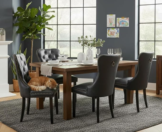 CIMOTA Black Leather Dining Chairs Set of 8 Mid Century Modern Dining Room Chairs Tufted Upholstered Kitchen Dining Chairs Comfortable Side Chairs with Nailhead Trim/Ring Back (PU /8PCS)