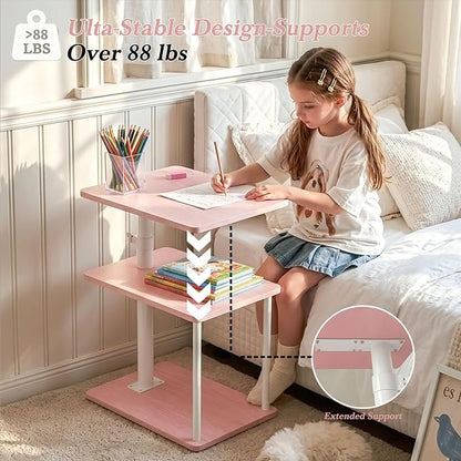 Faesun Swivel Side Table for Couch Arm, Adjustable C End Table for Recliner or Bed, Tv Trays with Storage Shelf for Small Spaces Small Nightstand Table for Living Room, Bedroom，Pink