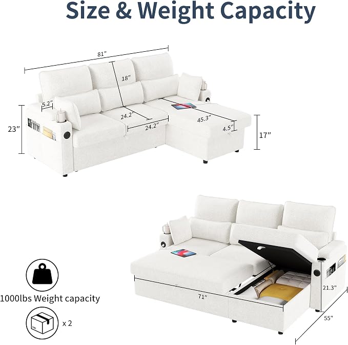 81" L-Shaped Sectional Sofa Couch, Pull-Out Sleeper Sofa Bed with Storage Chaise, Double Cup Holders, Dual USB Charging Ports, Couches for Living Room Apartment
