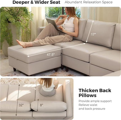 ABCASA Modular Sectional Loveseat Sofa Couch with Storage Seats, 3 Seater L Shaped Couch with Movable Ottoman for Small Spaces, Whitesand