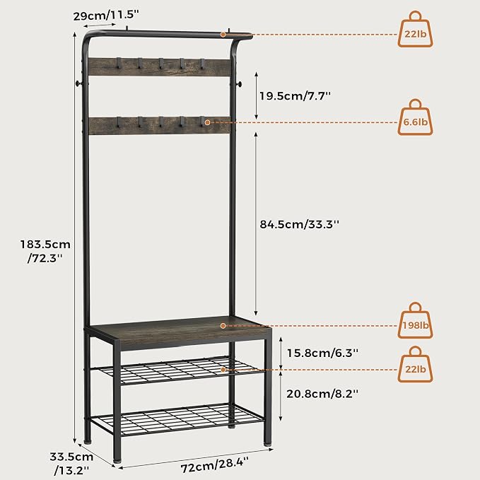 NEWBULIG Coat Rack, Hall Tree with Shoe Bench, 4-in-1 Entryway Organizer with 10 Hooks and Storage Shelf, Rustic Wood Entryway Bench for Mudroom, Living Room, Bedroom, Grey