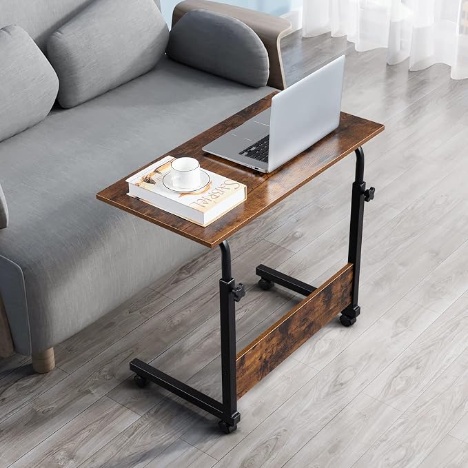 Standing Desk - Side Table Adjustable Height, Portable Laptop Cart, C-Shaped Bed Couch end Tables with Edge Stopper - Wheels for Living Room Bedroom Walking Pad Treadmill 31.5Inch Brown