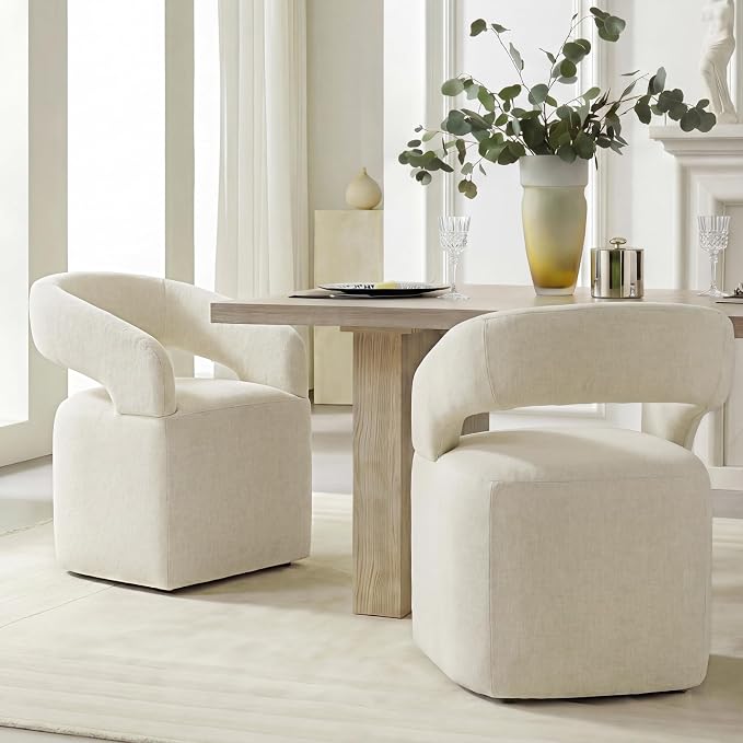 KISLOT Upholstered Dining Chairs Set of 4, Modern Arm Kitchen & Dining Room Chairs with Hidden Casters, Linen Fabric Padded Rolling Chairs, Sturdy Wood Frame, 300 lbs Capacity, Cream Beige
