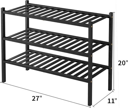 ROMGUAR CRAFT 3 Tier Bamboo Shoe Rack for Closet Free Standing Wood Shoe Shelf Storage Organizer for Entryway Small Space Stackable 27"x11"x20" (Black)