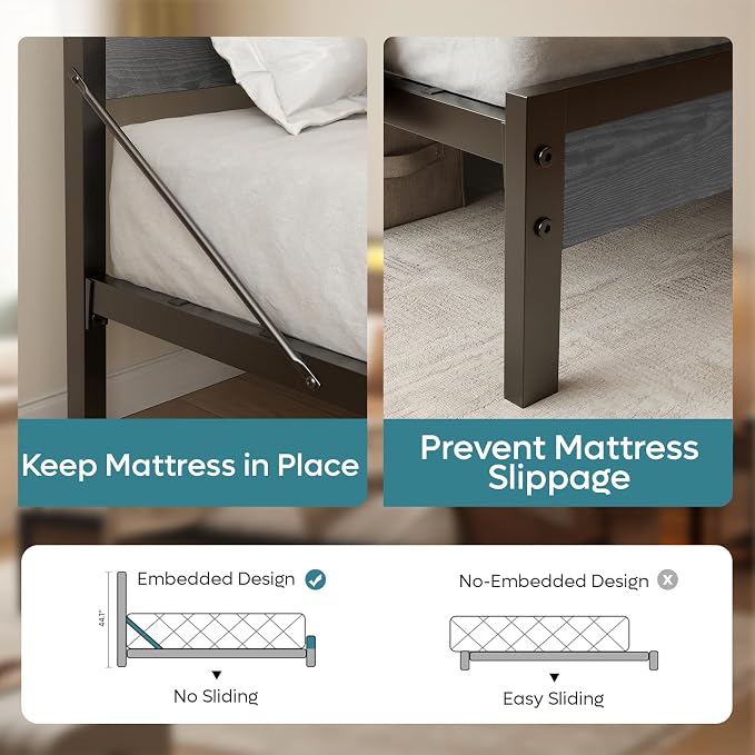 Bestier Queen Bed Frame with Headboard and Charging Station,Platform Bed Frame with LED Light, Non-Slip Metal Bed Frame, Noise-Free, Easy Assembly, Grey