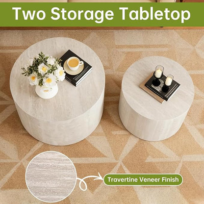 Round Nesting Coffee Tables Modern Travertine Coffee Table Small Round Coffee Tables Circular Side Table Accent End Table Nested Coffee Table Set for Living Room (Travertine B)