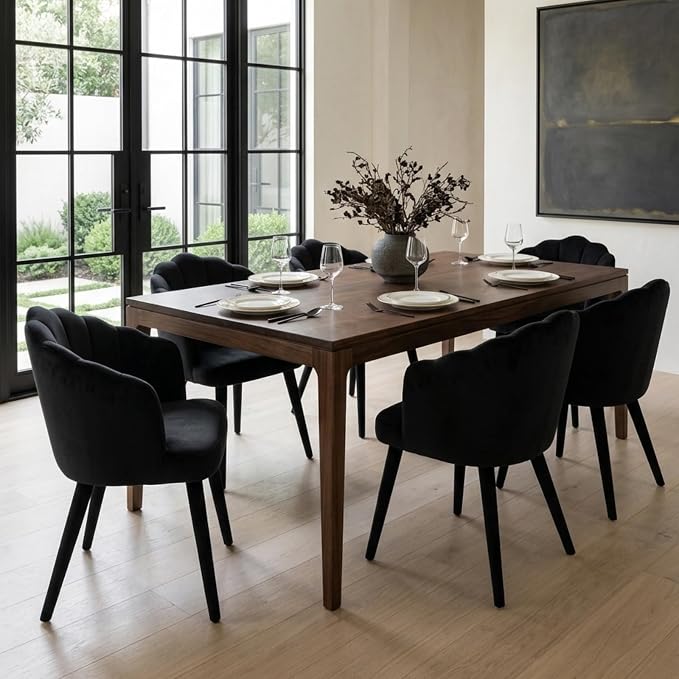 Hyfirm Velvet Dining Chairs Set of 6, Upholstered Modern Kitchen Dining Chairs with Petal Back & Fabric Covered Wooden Legs, Comfy Accent Armchairs for Bedroom/Kitchen/Vanity, Black