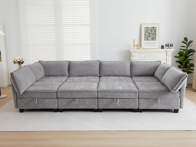ORRD Oversize Sleeper Modular Sectional Sofa Set, Convertible Couch Bed with Storage, 8 Seater Sofa Modular for Living Room, Office (Grey)