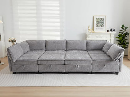 ORRD Oversize Sleeper Modular Sectional Sofa Set, Convertible Couch Bed with Storage, 8 Seater Sofa Modular for Living Room, Office (Grey)