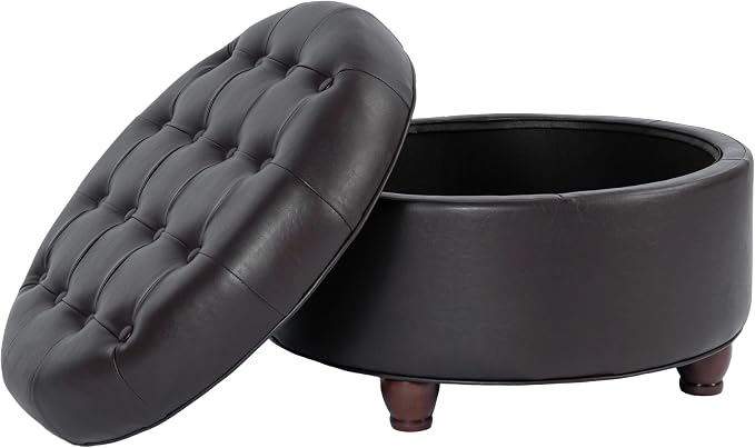 HomePop 25" Button Tufted Round Storage Ottoman - Distressed Brown Faux Leather