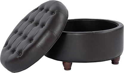 HomePop 25" Button Tufted Round Storage Ottoman - Distressed Brown Faux Leather