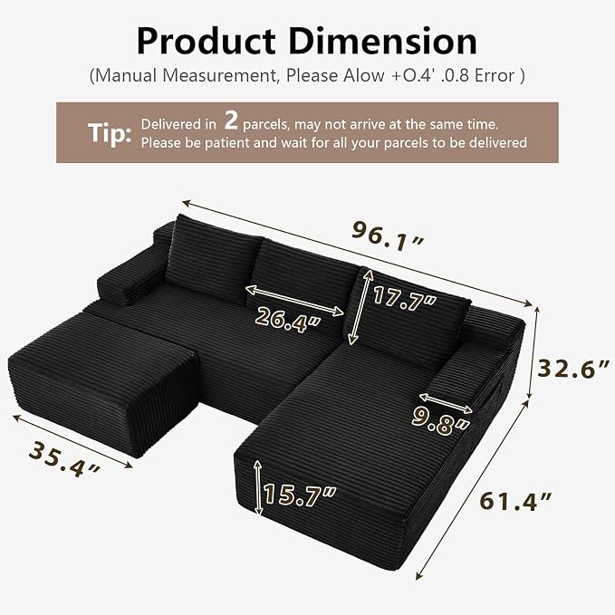96" Cloud Sectional Couch U-Shaped Chaise with Ottoman, Corduroy Boneless Couch for Living Room Bedroom, Deep-Seat Upholstered Modular Cloud Sofa, No Assembly Required (Black, Right Facing Chaise)