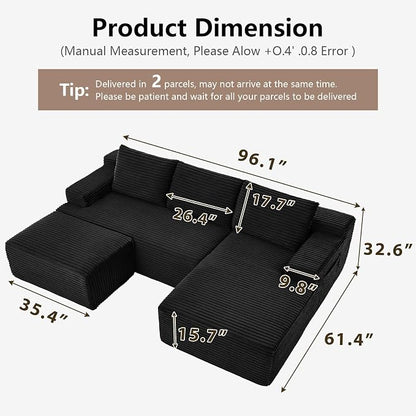 96" Cloud Sectional Couch U-Shaped Chaise with Ottoman, Corduroy Boneless Couch for Living Room Bedroom, Deep-Seat Upholstered Modular Cloud Sofa, No Assembly Required (Black, Right Facing Chaise)