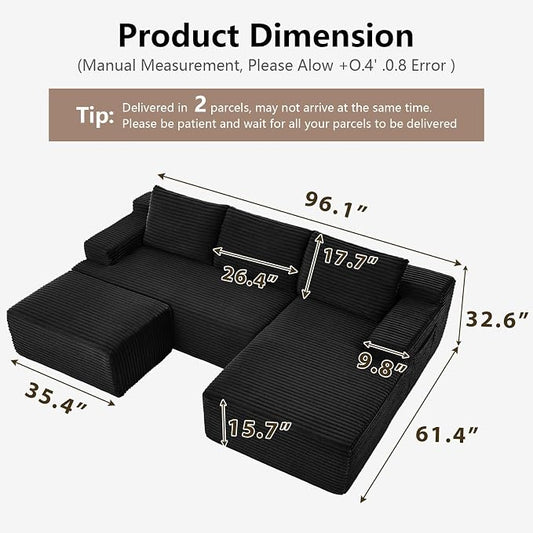 96" Cloud Sectional Couch U-Shaped Chaise with Ottoman, Corduroy Boneless Couch for Living Room Bedroom, Deep-Seat Upholstered Modular Cloud Sofa, No Assembly Required (Black, Right Facing Chaise)