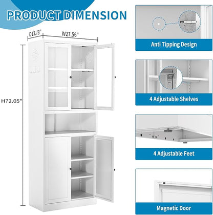 72" H White Steel Kitchen Pantry Storage Cabinets with Glass Doors | Pantry with Glass & Solid Doors, Heavy Duty Freestanding Utility Cabinet for Dining/Living Room, Assembly Required
