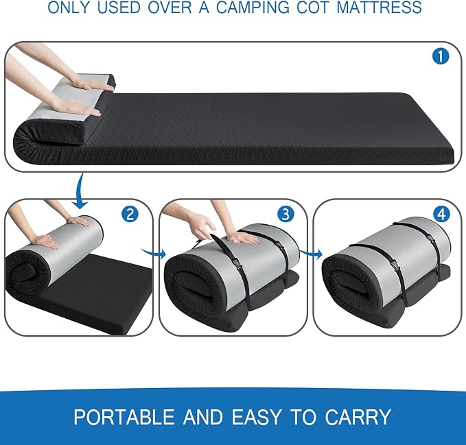 Memory Foam Camping Pad 3 Inch Thick, Soft Sleeping Pad with Waterproof Cover, Roll Up Cot Pad Topper for Travel Truck Bed Tent, Pad Only