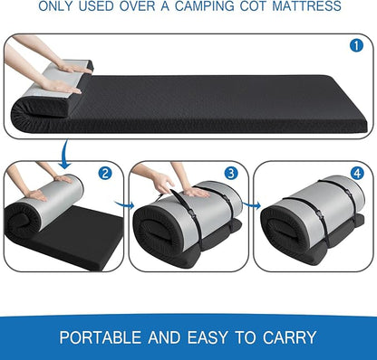 Memory Foam Camping Pad 3 Inch Thick, Soft Sleeping Pad with Waterproof Cover, Roll Up Cot Pad Topper for Travel Truck Bed Tent, Pad Only