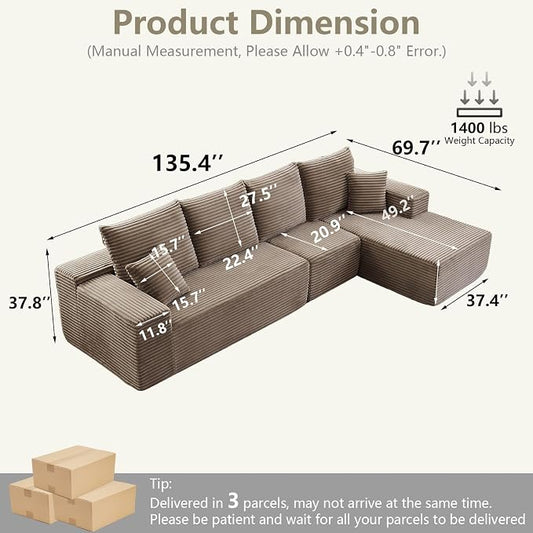135" Cloud Sectional Couch with L-Shape Chaise, Modern Modular Comfy Sofa Chaise Longue, Upholstered Corduroy Couches Sleeper with Deep Seat for Living Room Bedroom, No Assembly Required, Camel