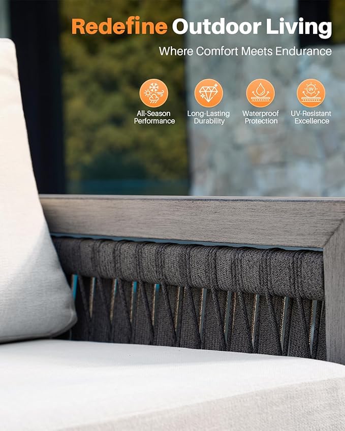 Patio Sofa Chair, Never Rusts Aluminum Outdoor Armchair with Washable Cushions, Rope Weave Outdoor Sofa Chair Patio Sofa Armchair, Deep Seating Patio Furniture for Garden, Porch, Gray Oak
