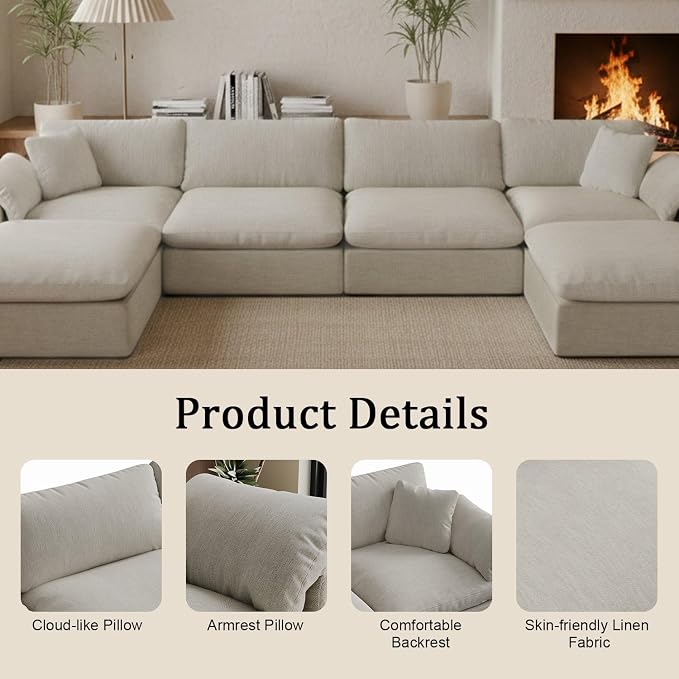 Modern Modular Sectional Sofa U-Shaped 6-Seat with Ottoman,Light Beige-Extra Comfty Deep Seat Couch for Living Room,Apartment,Office & Small Spaces