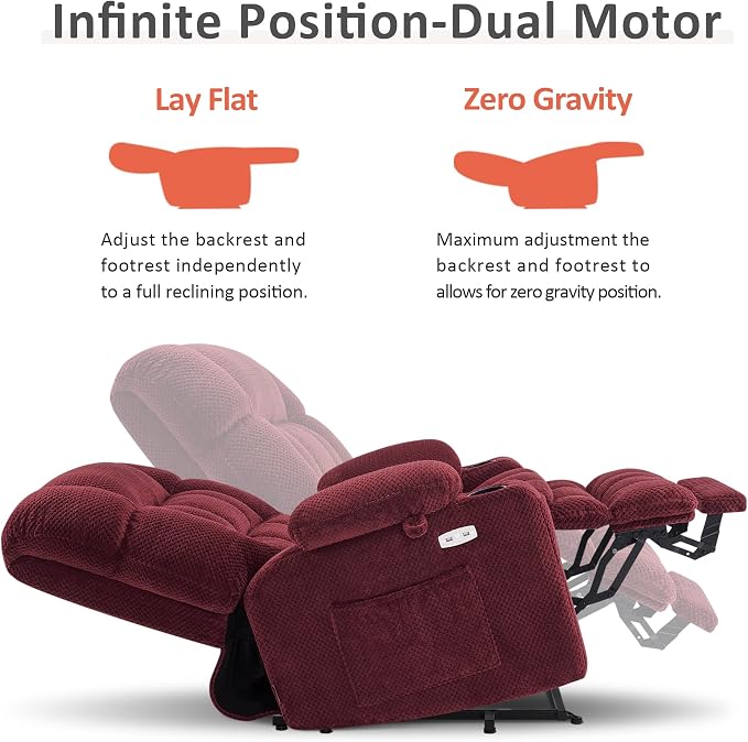 MCombo Small Dual Motor Power Lift Recliner Chair for Petite Elderly, Zero Gravity Lift Chair with Heat and Massage, Infinite Position Lay Flat Recliner, USB Ports, Fabric 7893 (Small, Burgundy)