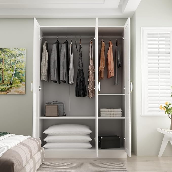 AIEGLE 3 Doors Wardrobe Armoire Closet, Large Freestanding Armoire Wardrobe Cabinet with Shelves & Hanging Rod, Bedroom Wood Clothes Storage Cabinet Organizer, White 47.2" Wide Type A