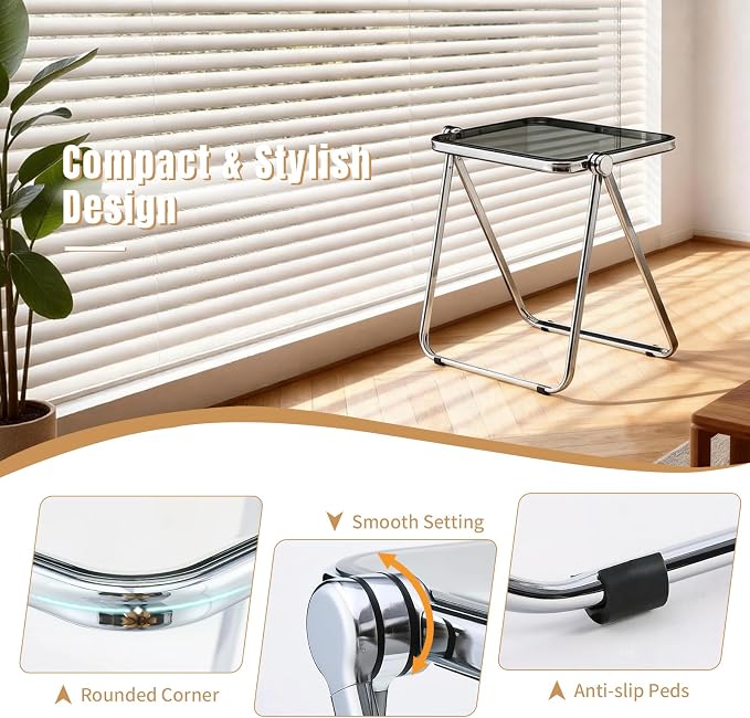 Acrylic Folding Table - Modern TV Tray Dinner Table for Eating on Couch - Small Folding Table Foldable Computer Desks Space-Saving with Chrome Frame No Assembly Required -Gray