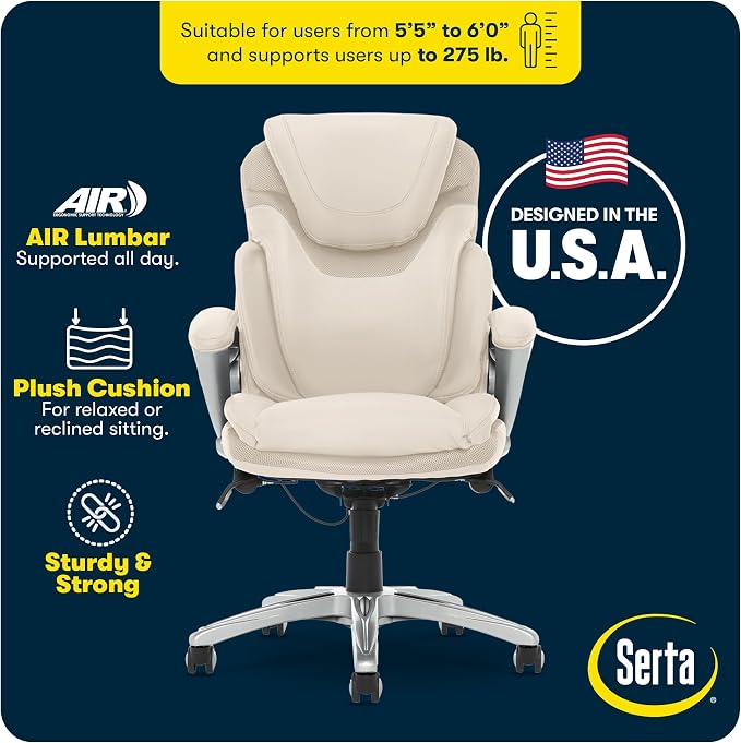 Serta Bryce Executive Office Chair - Ergonomic Computer DeskChair with Lumbar Technology - Adjustable Height - Memory Foam Body Pillows - 360° Swivel Rolling Base - Bonded Leather - Cream
