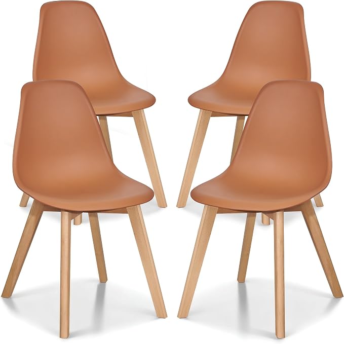 VECELO Dining Chairs Set of 4, Mid-Century Modern Kitchen & Dining Room Chairs, Molded Plastic Seat & Back, Solid Wood Legs, Armless, Non-Slip Feet, Orange