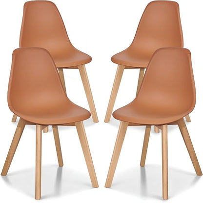 VECELO Dining Chairs Set of 4, Mid-Century Modern Kitchen & Dining Room Chairs, Molded Plastic Seat & Back, Solid Wood Legs, Armless, Non-Slip Feet, Orange
