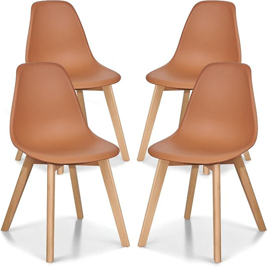 VECELO Dining Chairs Set of 4, Mid-Century Modern Kitchen & Dining Room Chairs, Molded Plastic Seat & Back, Solid Wood Legs, Armless, Non-Slip Feet, Orange